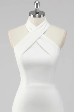 A-Line Halter Neck Cetim Vestido de Formatura Branco