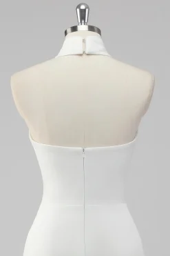 A-Line Halter Neck Cetim Vestido de Formatura Branco