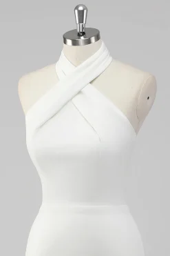A-Line Halter Neck Cetim Vestido de Formatura Branco