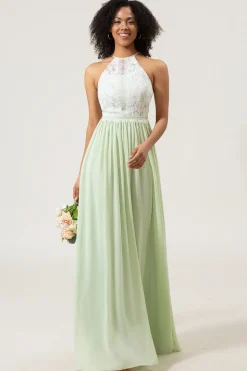 A-Line Halter Neck Dusty Sage Lace e Chiffon Long Vestido de Madrinha
