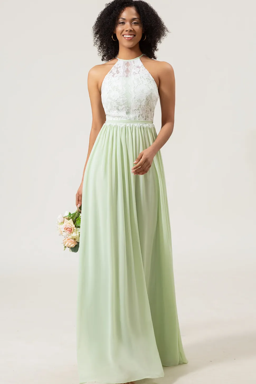 A-Line Halter Neck Dusty Sage Lace e Chiffon Long Vestido de Madrinha