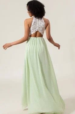 A-Line Halter Neck Dusty Sage Lace e Chiffon Long Vestido de Madrinha