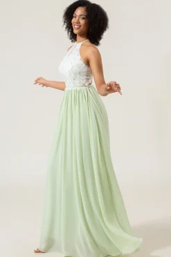 A-Line Halter Neck Dusty Sage Lace e Chiffon Long Vestido de Madrinha