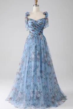 A-Line Lavanda estampado correias ajustáveis vestido longo baile de formatura