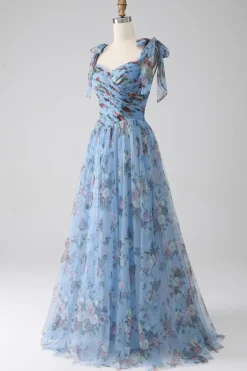 A-Line Lavanda estampado correias ajustáveis vestido longo baile de formatura
