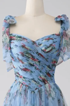 A-Line Lavanda estampado correias ajustáveis vestido longo baile de formatura