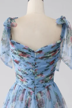 A-Line Lavanda estampado correias ajustáveis vestido longo baile de formatura