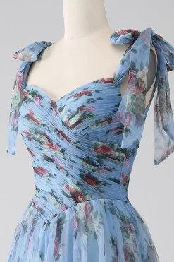 A-Line Lavanda estampado correias ajustáveis vestido longo baile de formatura