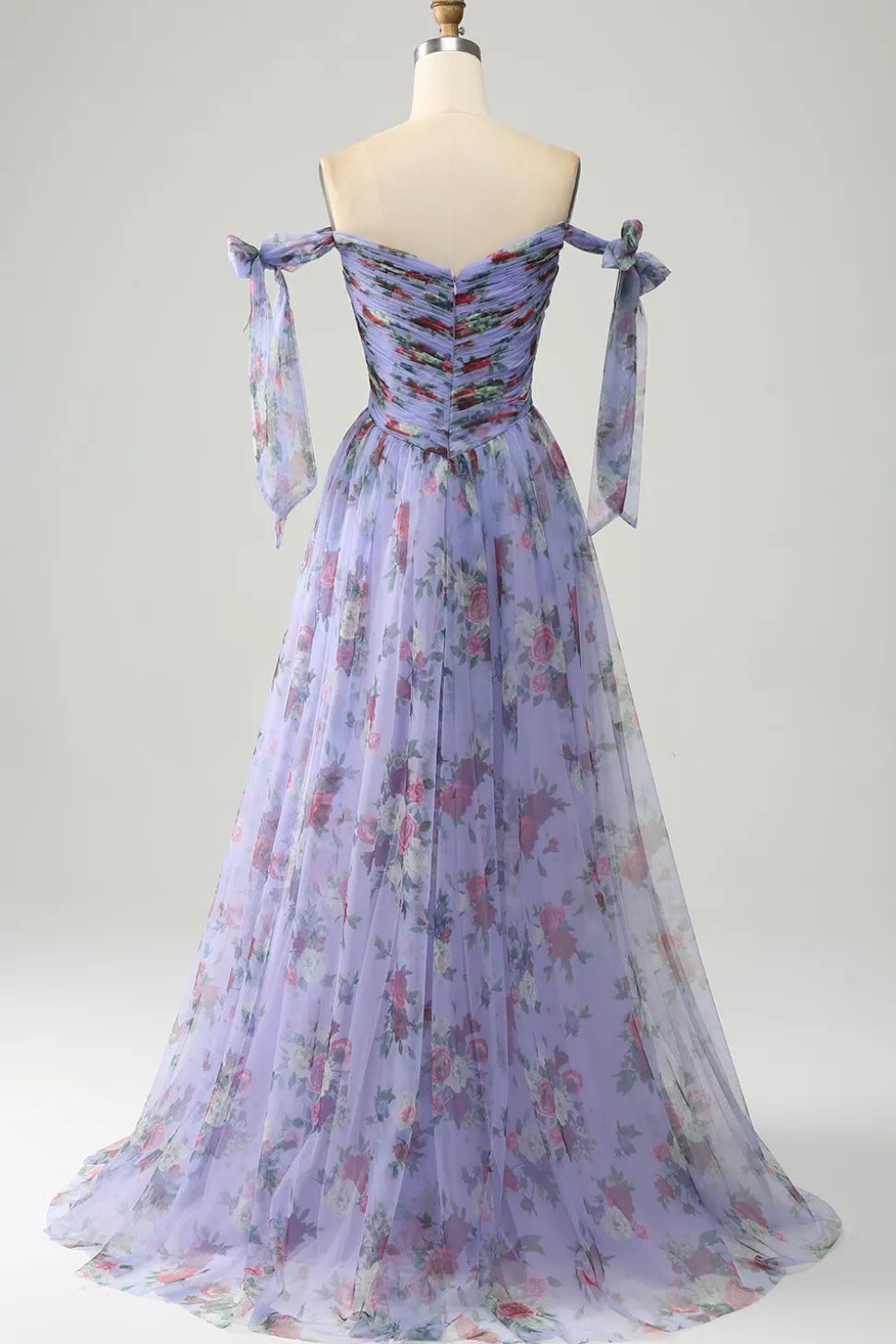 A-Line Lavanda estampado correias ajustáveis vestido longo baile de formatura