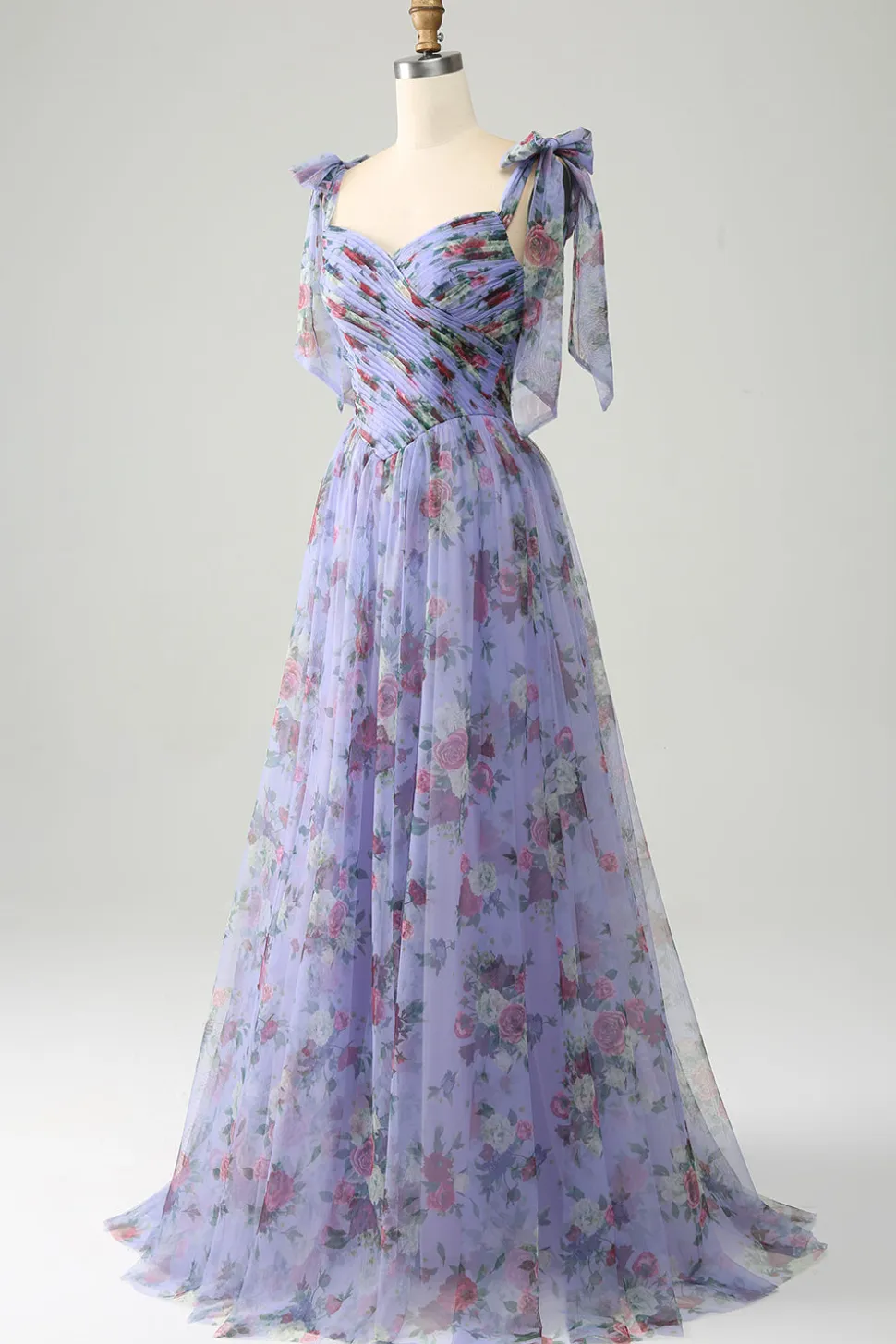 A-Line Lavanda estampado correias ajustáveis vestido longo baile de formatura
