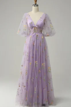 A-Line Lavanda Vestido de Cerimónia Mangas Curtas