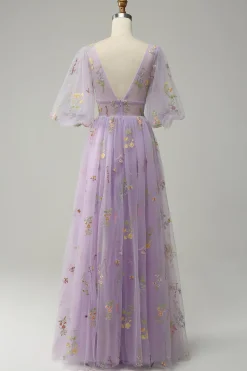 A-Line Lavanda Vestido de Cerimónia Mangas Curtas