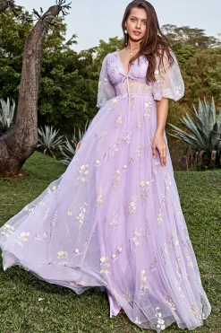 A-Line Lavanda Vestido de Cerimónia Mangas Curtas