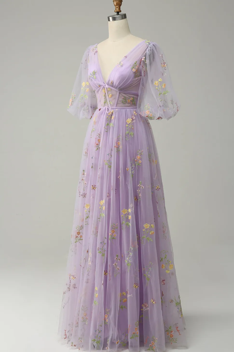 A-Line Lavanda Vestido de Cerimónia Mangas Curtas