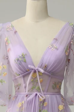 A-Line Lavanda Vestido de Cerimónia Mangas Curtas