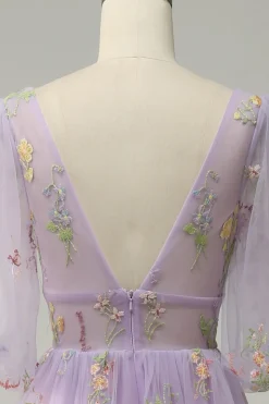 A-Line Lavanda Vestido de Cerimónia Mangas Curtas