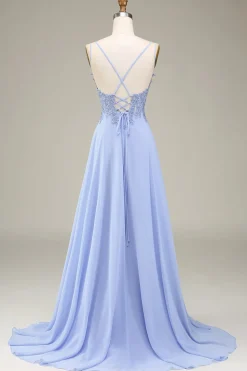 A-Line Lavanda Vestido Longo Baile com Apliques