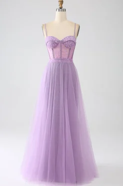 A-Line Lilac Esparguete Correias Longo Corset Prom Dress