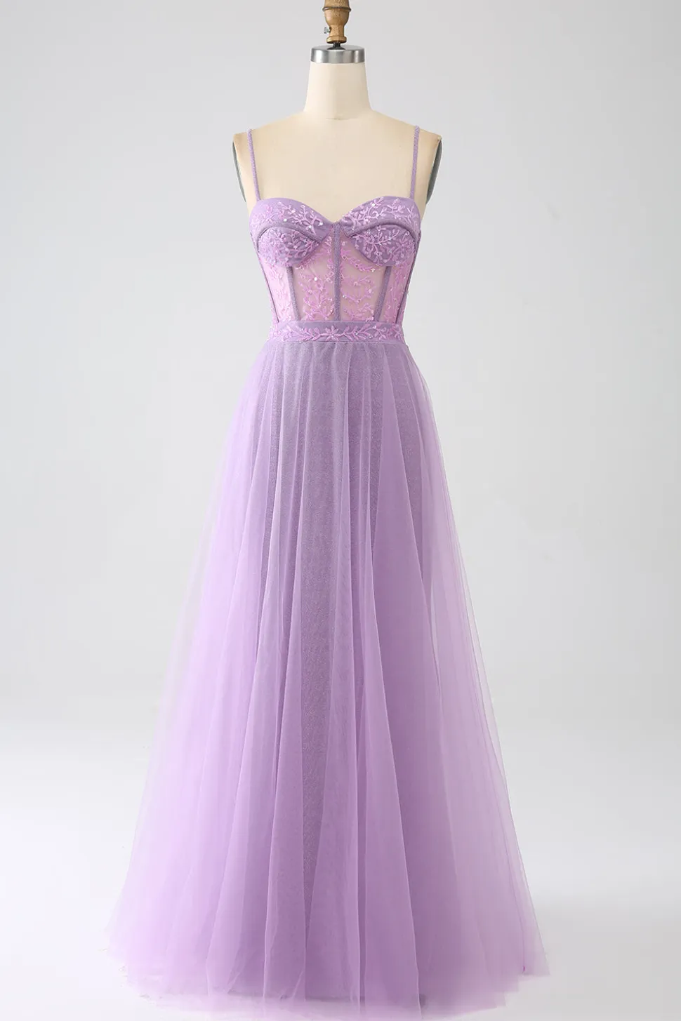A-Line Lilac Esparguete Correias Longo Corset Prom Dress