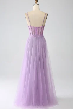 A-Line Lilac Esparguete Correias Longo Corset Prom Dress