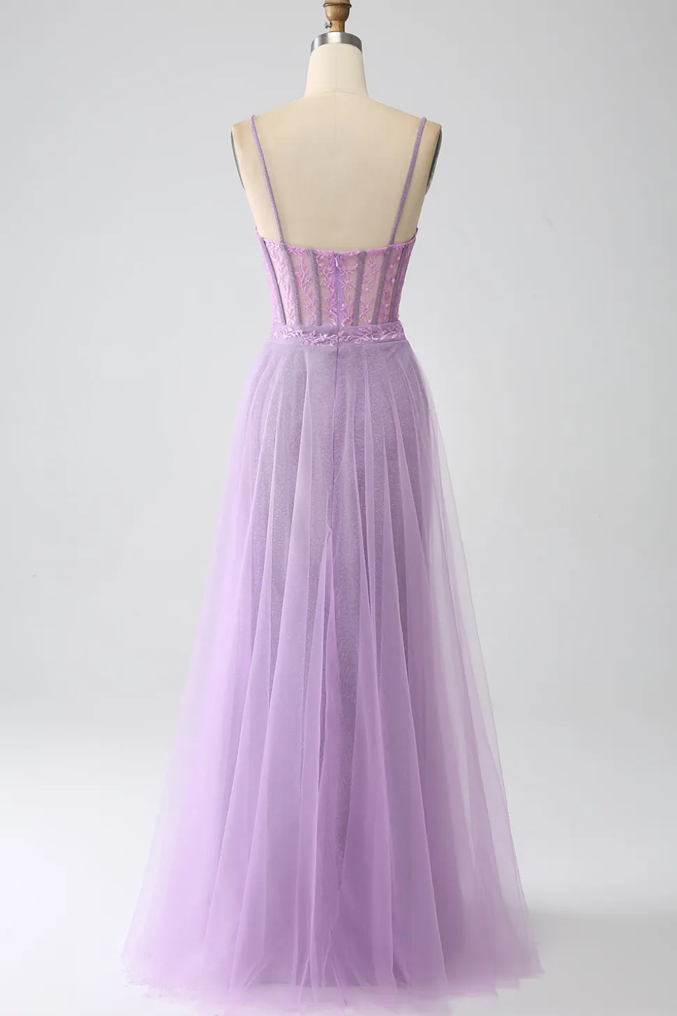 A-Line Lilac Esparguete Correias Longo Corset Prom Dress
