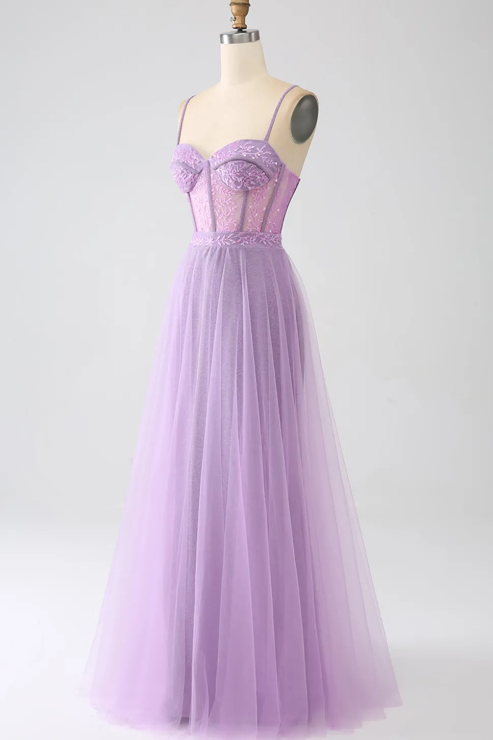 A-Line Lilac Esparguete Correias Longo Corset Prom Dress