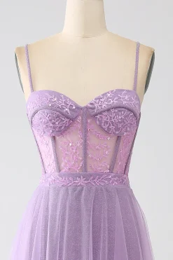 A-Line Lilac Esparguete Correias Longo Corset Prom Dress