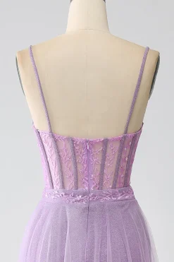 A-Line Lilac Esparguete Correias Longo Corset Prom Dress