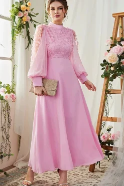 A-Line Mangas Longas Candy Pink Vestido Formal com Flores 3D