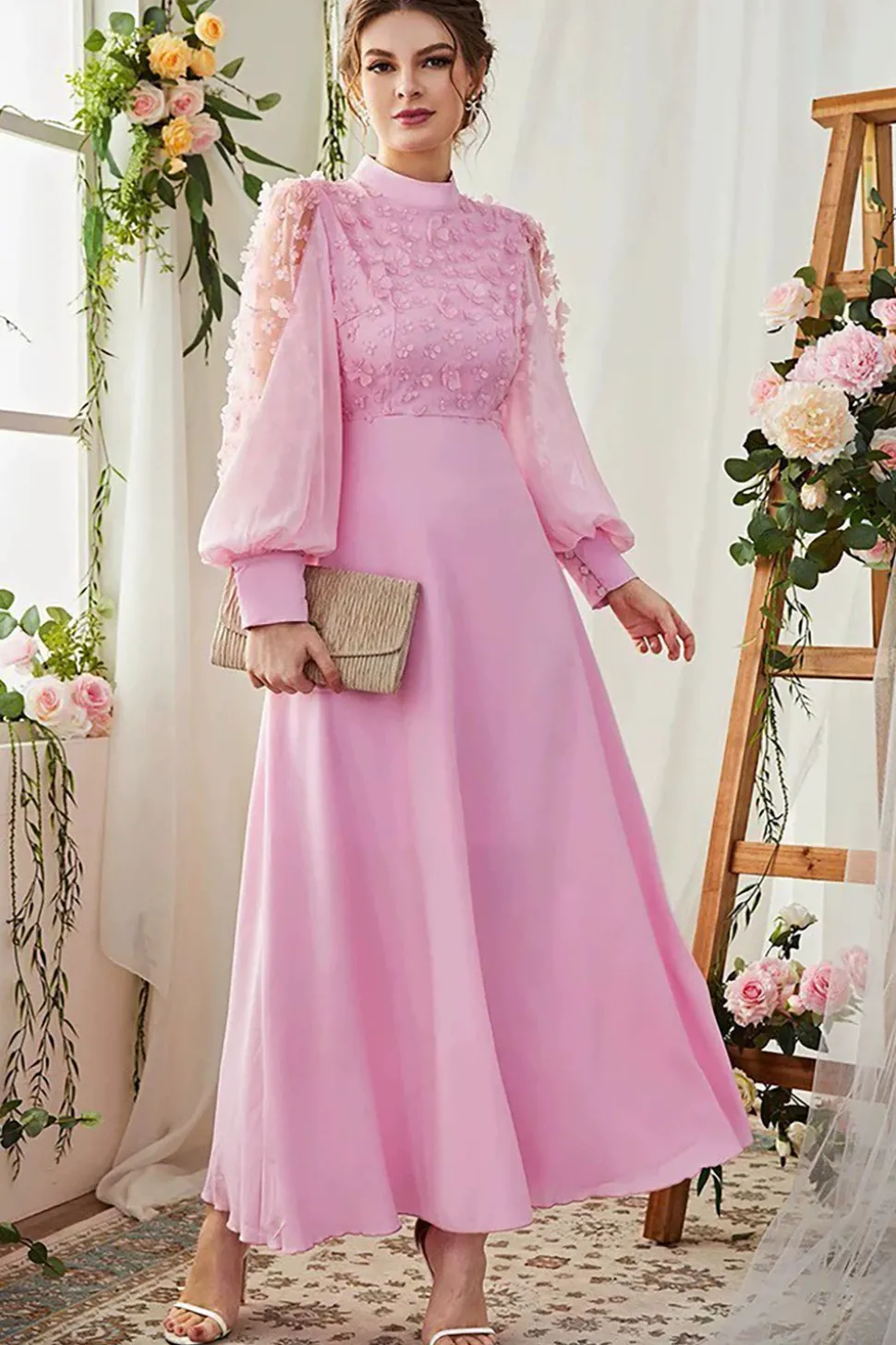 A-Line Mangas Longas Candy Pink Vestido Formal com Flores 3D