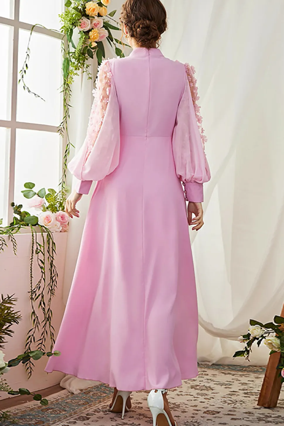 A-Line Mangas Longas Candy Pink Vestido Formal com Flores 3D