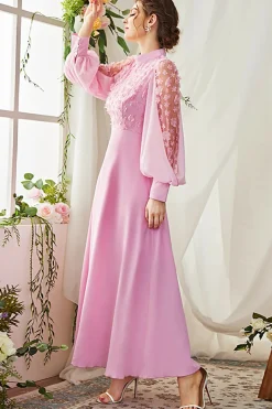 A-Line Mangas Longas Candy Pink Vestido Formal com Flores 3D
