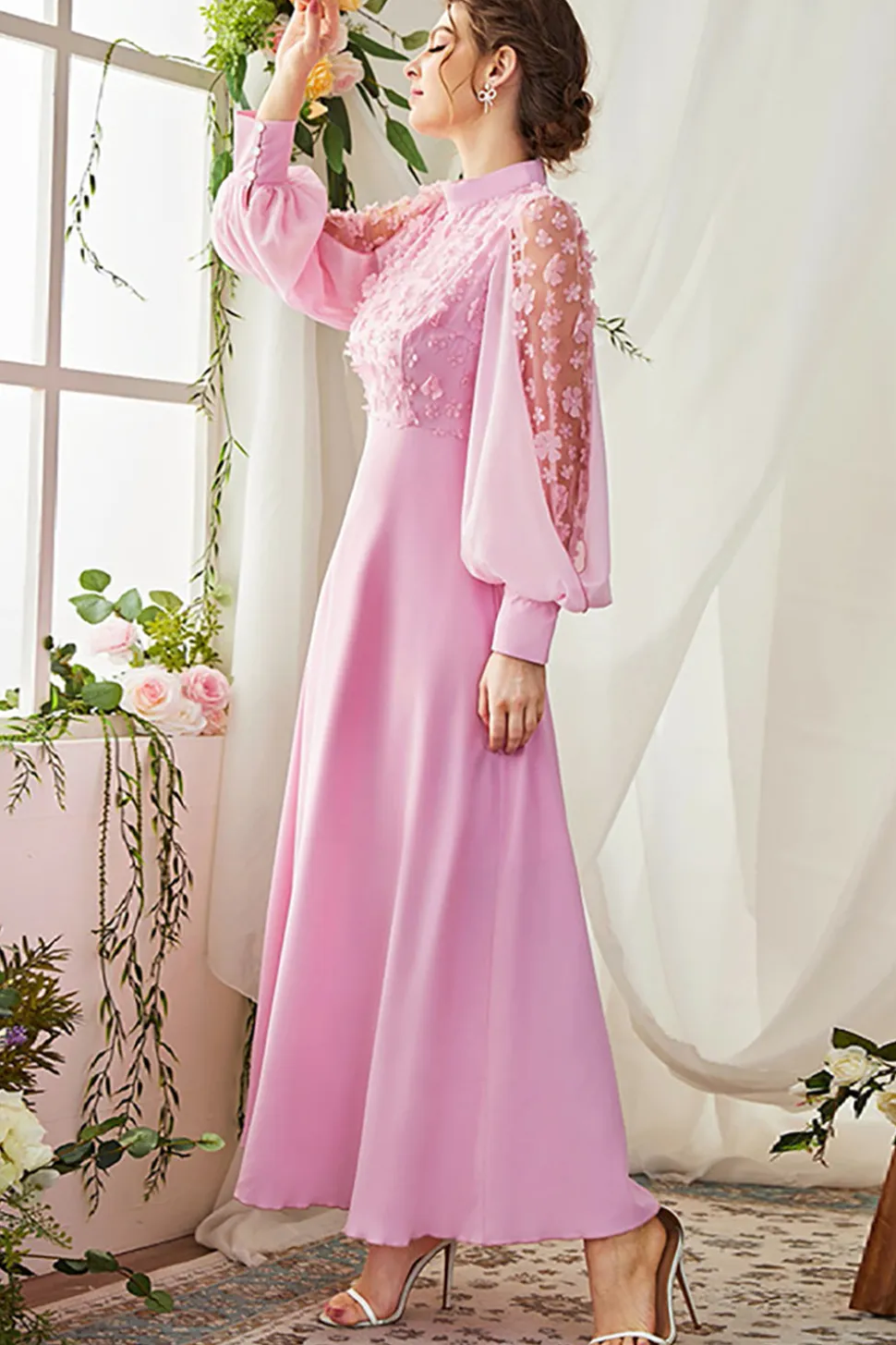 A-Line Mangas Longas Candy Pink Vestido Formal com Flores 3D