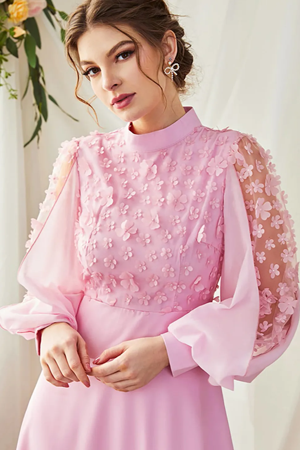 A-Line Mangas Longas Candy Pink Vestido Formal com Flores 3D