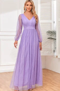 A-Line Mangas Longas Lilás Vestido Formal com Fenda