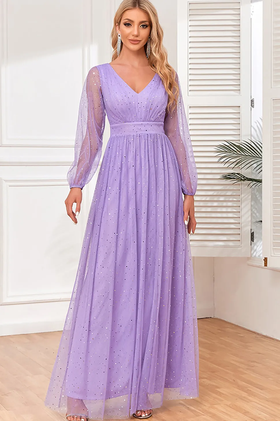 A-Line Mangas Longas Lilás Vestido Formal com Fenda