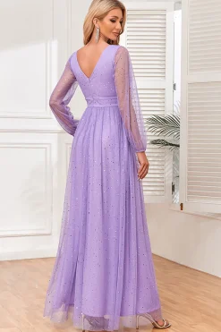A-Line Mangas Longas Lilás Vestido Formal com Fenda