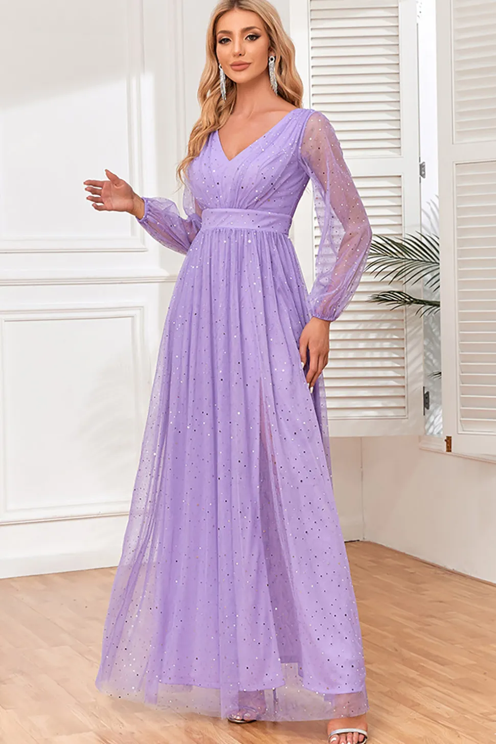 A-Line Mangas Longas Lilás Vestido Formal com Fenda