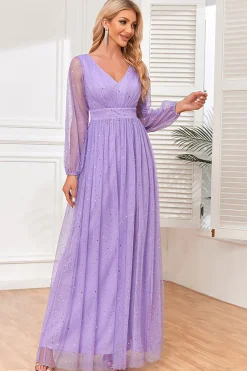 A-Line Mangas Longas Lilás Vestido Formal com Fenda