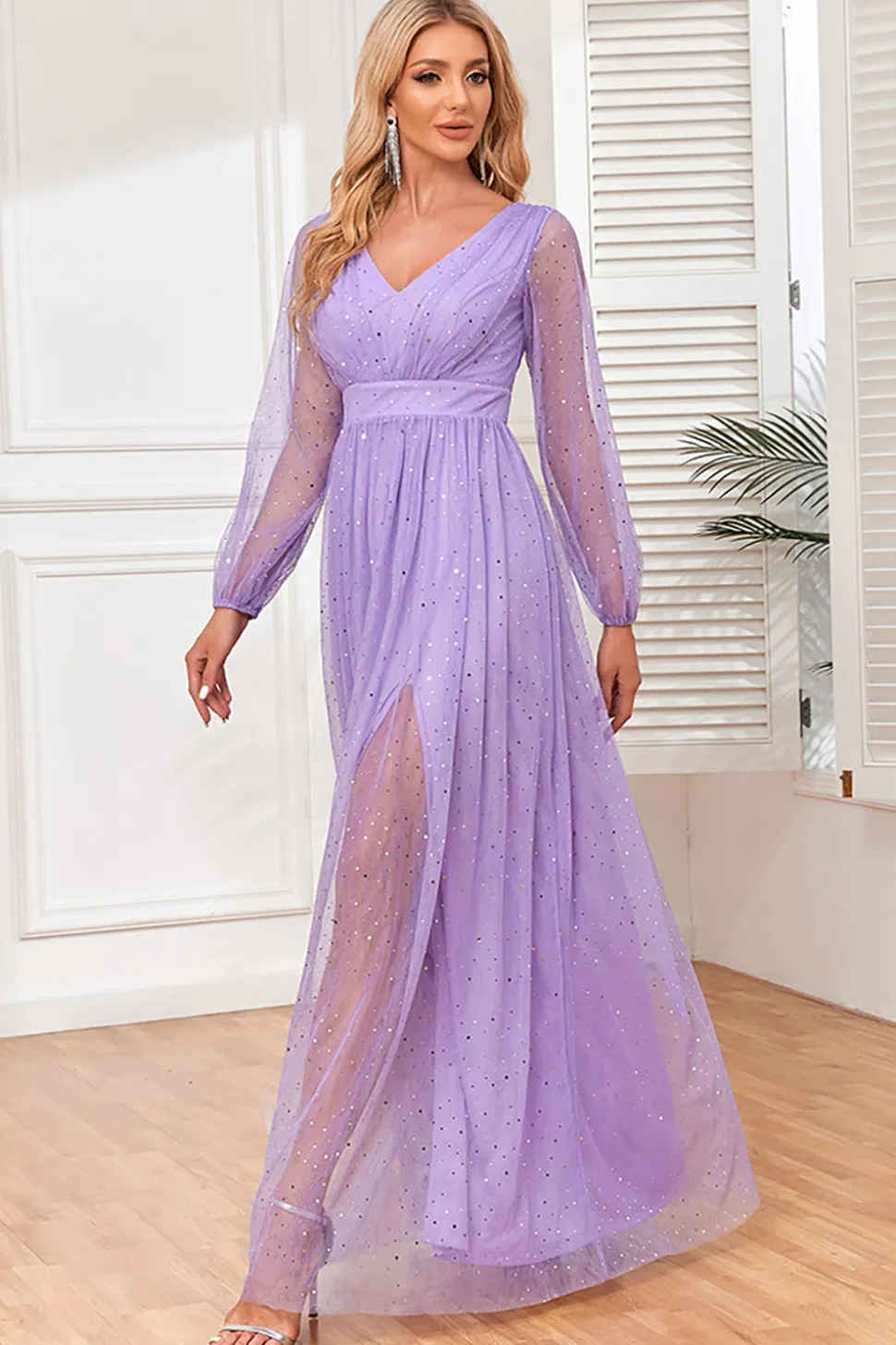 A-Line Mangas Longas Lilás Vestido Formal com Fenda