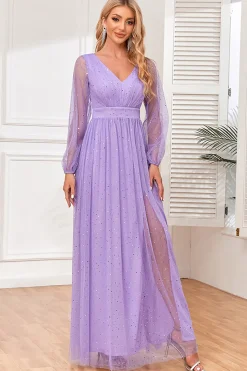 A-Line Mangas Longas Lilás Vestido Formal com Fenda