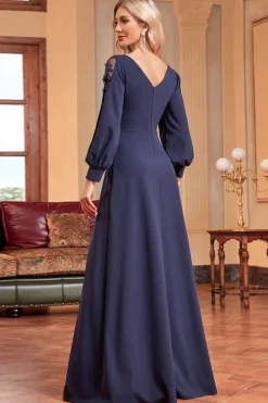 A-Line Mangas Longas Vestido Marinho Mãe da Noiva com Missangas
