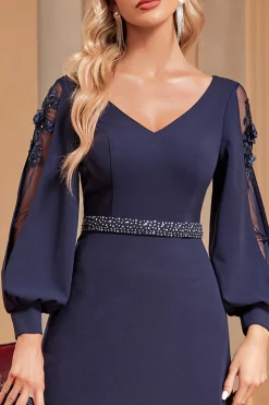 A-Line Mangas Longas Vestido Marinho Mãe da Noiva com Missangas