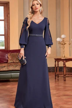 A-Line Mangas Longas Vestido Marinho Mãe da Noiva com Missangas