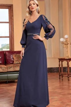A-Line Mangas Longas Vestido Marinho Mãe da Noiva com Missangas