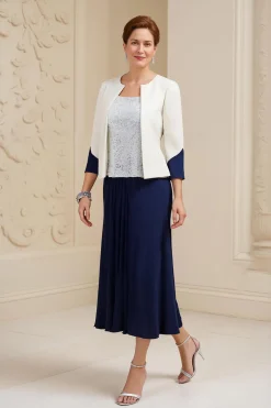 A-Line Navy Bateau Neck 3-Piece Vestido Mãe da Noiva com Renda