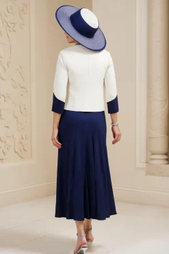 A-Line Navy Bateau Neck 3-Piece Vestido Mãe da Noiva com Renda