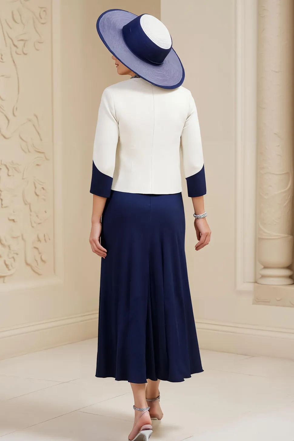 A-Line Navy Bateau Neck 3-Piece Vestido Mãe da Noiva com Renda