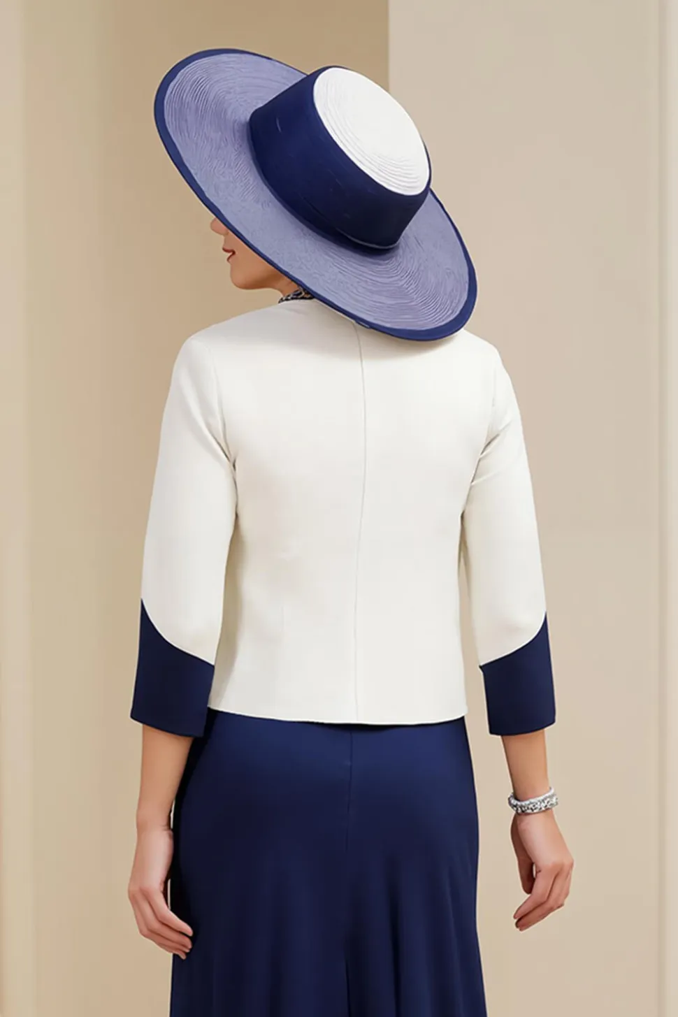 A-Line Navy Bateau Neck 3-Piece Vestido Mãe da Noiva com Renda