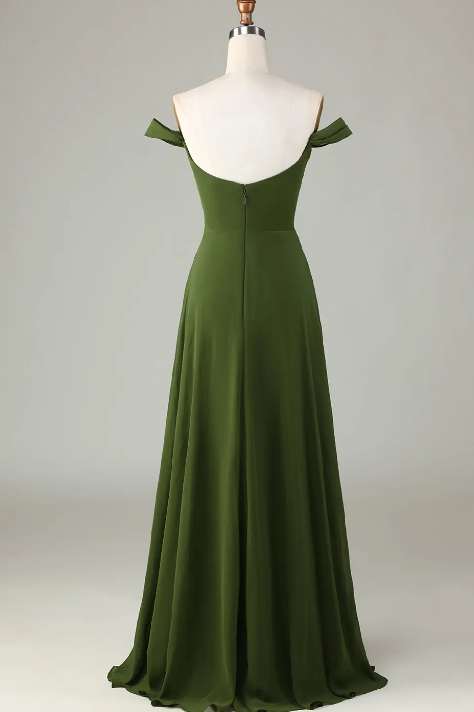 A-Line Off O Ombro Olive Vestido Madrinha com Fenda